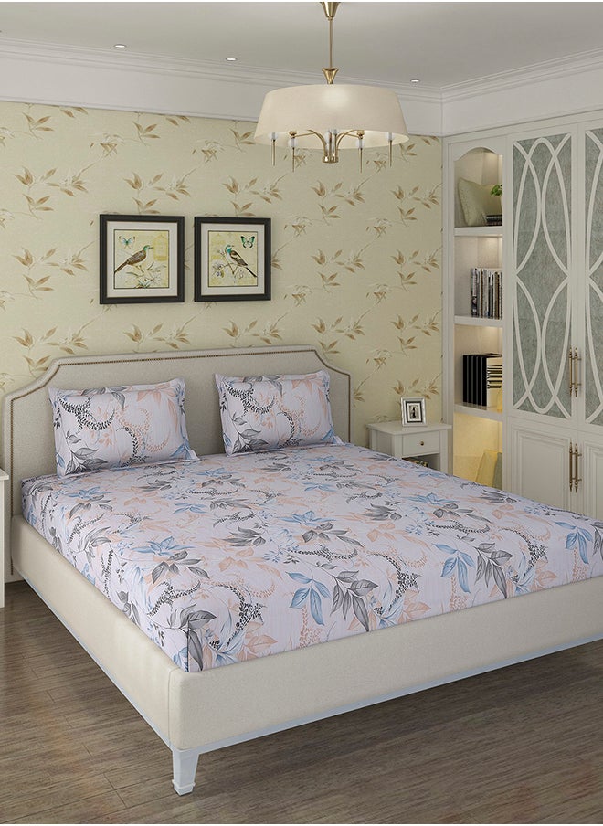 Spring Summer Collection-Cotton Rich Double Bedsheet with 2 Pillow Covers for Bed Room, Home, Hotel-120 GSM, Blue-Grey Leaves, 210 X 215 Cm