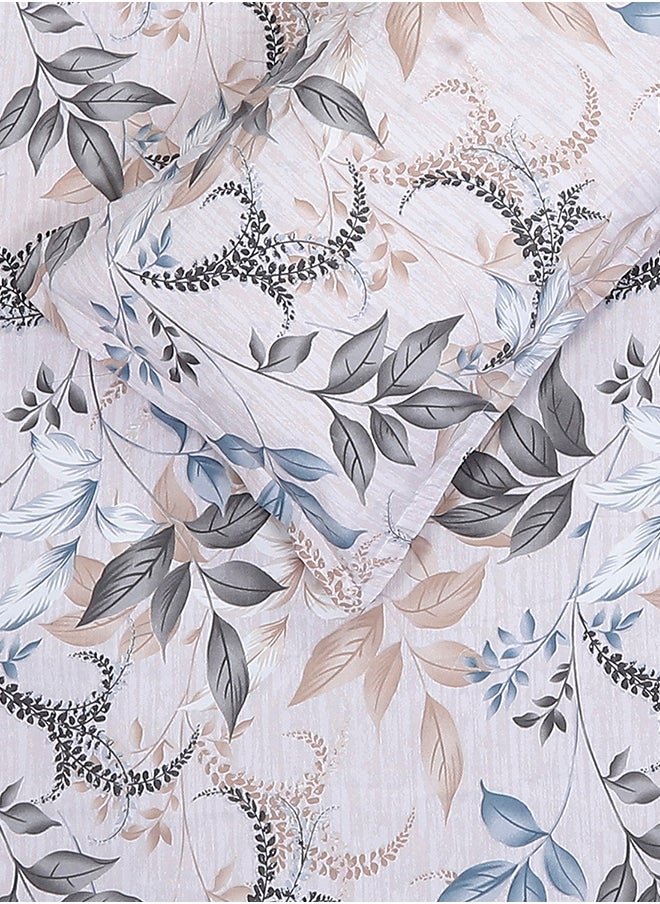 Spring Summer Collection-Cotton Rich Double Bedsheet with 2 Pillow Covers for Bed Room, Home, Hotel-120 GSM, Blue-Grey Leaves, 210 X 215 Cm