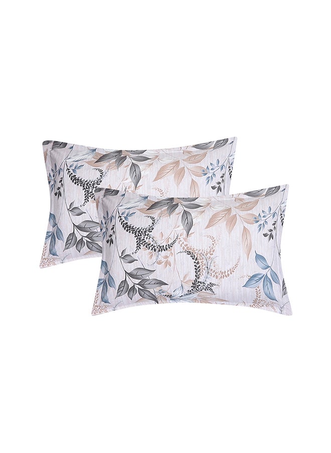 Spring Summer Collection-Cotton Rich Double Bedsheet with 2 Pillow Covers for Bed Room, Home, Hotel-120 GSM, Blue-Grey Leaves, 210 X 215 Cm