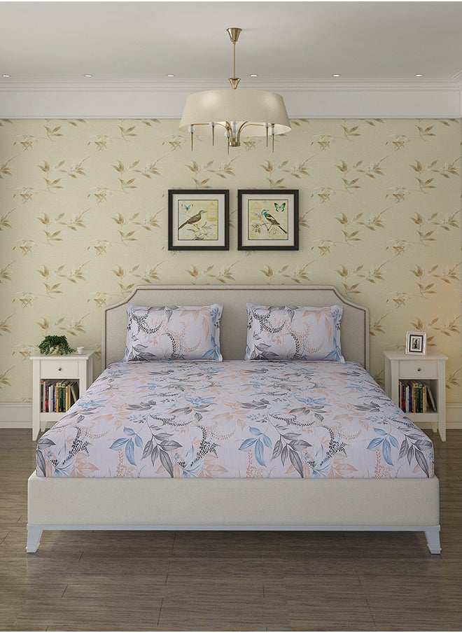 Spring Summer Collection-Cotton Rich Double Bedsheet with 2 Pillow Covers for Bed Room, Home, Hotel-120 GSM, Blue-Grey Leaves, 210 X 215 Cm