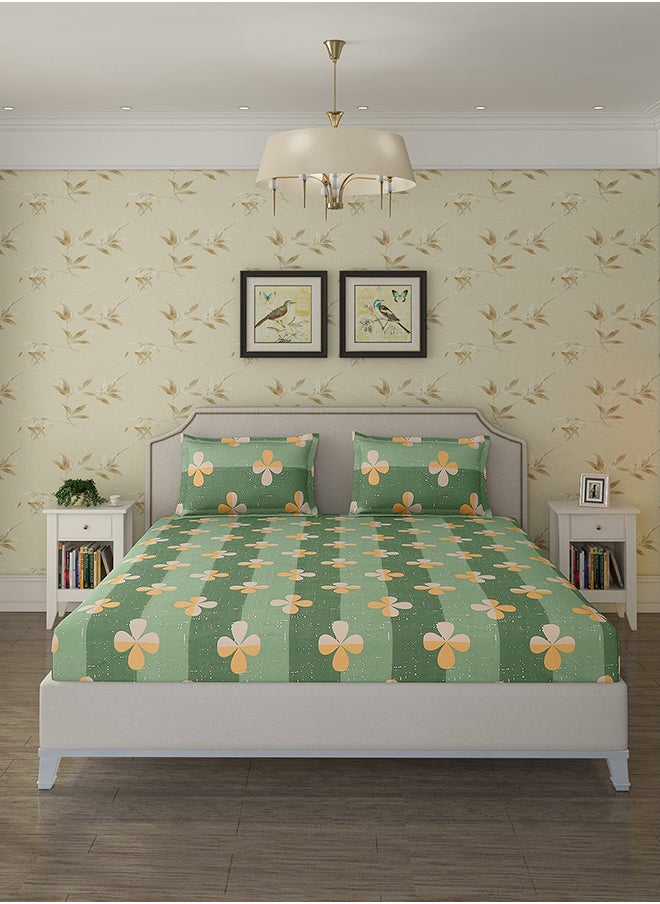 Spring Summer Collection-Cotton Rich Double Bedsheet with 2 Pillow Covers for Bed Room, Home, Hotel-120 GSM, Green Clover, 210 X 215 Cm
