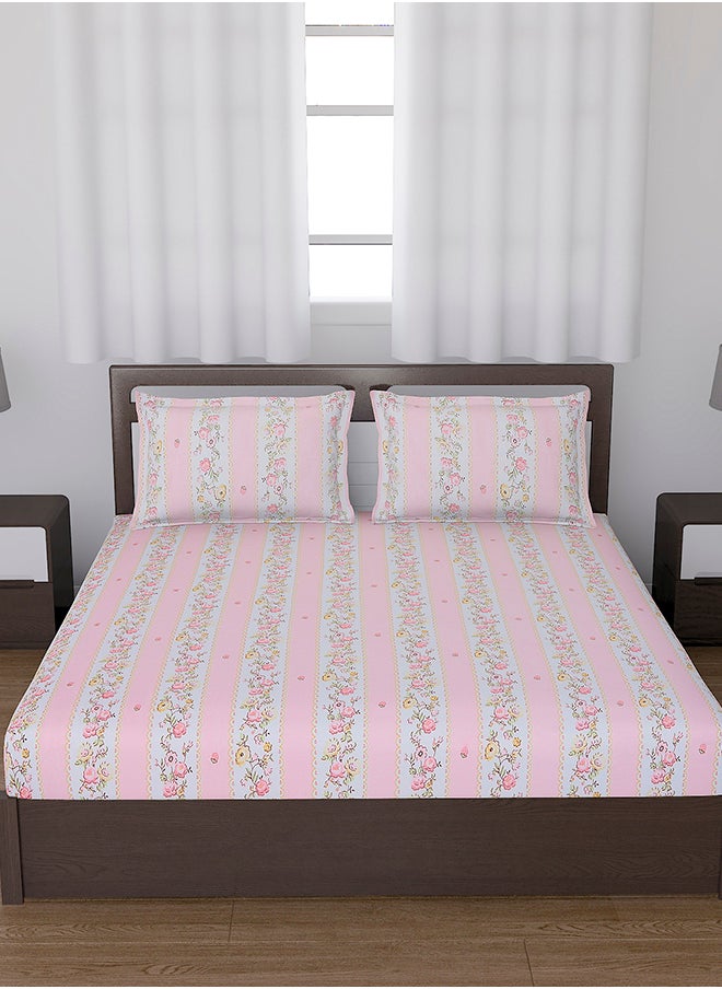 Spring Summer Collection-Cotton Rich Double Bedsheet with 2 Pillow Covers for Bed Room, Home, Hotel-120 GSM, Pink Lines, 210 X 215 Cm