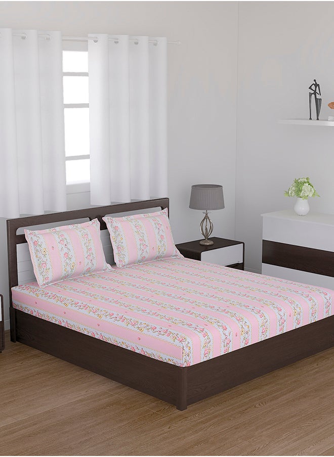 Spring Summer Collection-Cotton Rich Double Bedsheet with 2 Pillow Covers for Bed Room, Home, Hotel-120 GSM, Pink Lines, 210 X 215 Cm