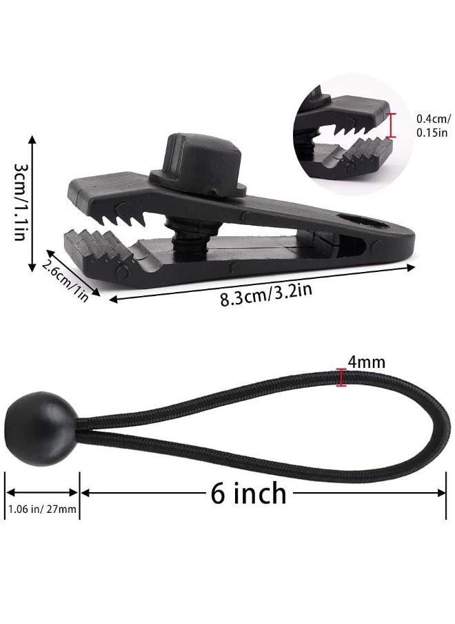 10 Sets of Bungee Balls and Tarp Clips Black 6 Inches Ball Cord Heavy Duty Lock Grip Clamps Shark Fasteners Holder for Camping Tents Cargo Pool Awning Car Cover Holding Wire Hoses