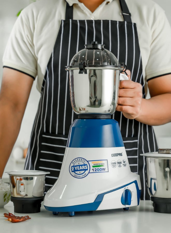 Renewed - 3 In 1 Mixer Grinde, Powerful Copper Motor with Stainless Steel Jars (1.5 L, 1.0 L, 0.5 L) and Blades, ABS Body and Unbreakable PC Dome Lid| Ergonomic Design with Motor Overload Protector| 3 Jars, 3 Speed Setting with Incher 1200 W GSB44088 White