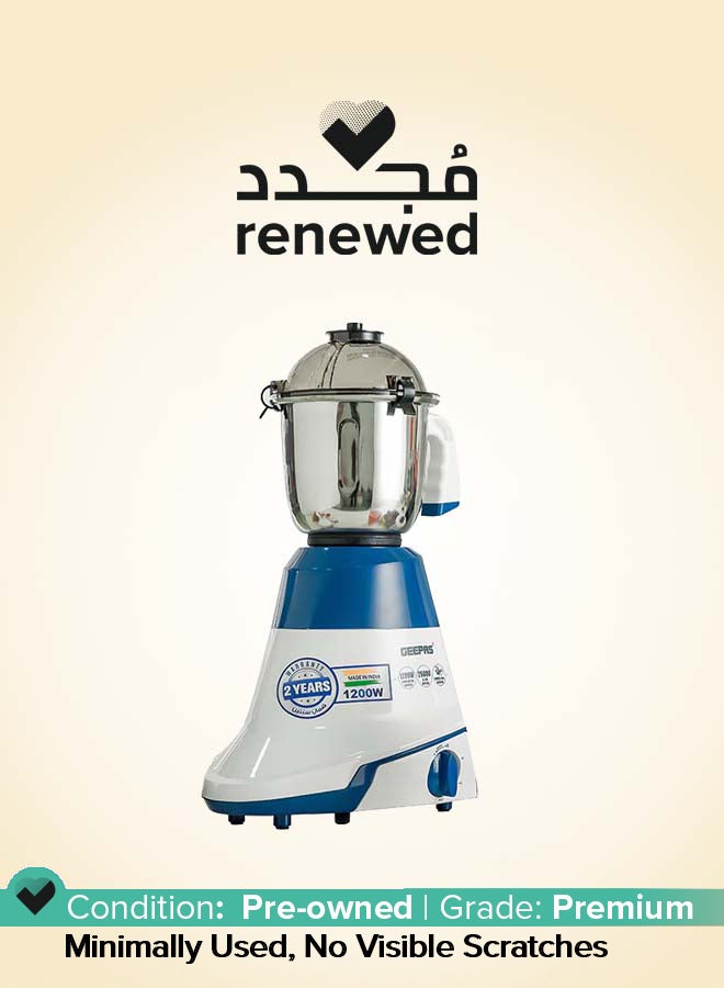 Renewed - 3 In 1 Mixer Grinde, Powerful Copper Motor with Stainless Steel Jars (1.5 L, 1.0 L, 0.5 L) and Blades, ABS Body and Unbreakable PC Dome Lid| Ergonomic Design with Motor Overload Protector| 3 Jars, 3 Speed Setting with Incher 1200 W GSB44088 White