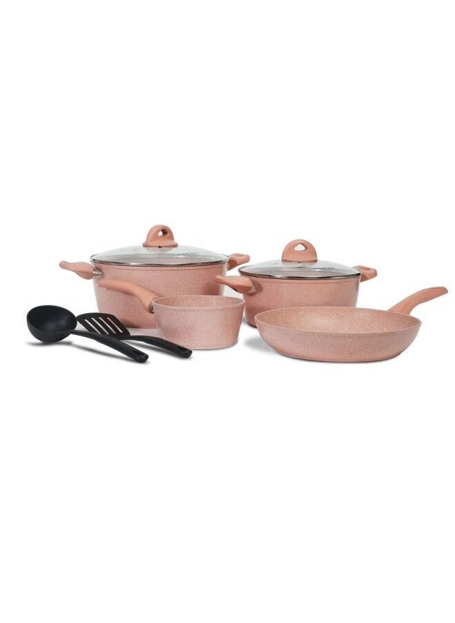Granite Coated Cookware Set | 5 Layer Non-stick Granite Coating | Casserole | Sauce Pan - Pink