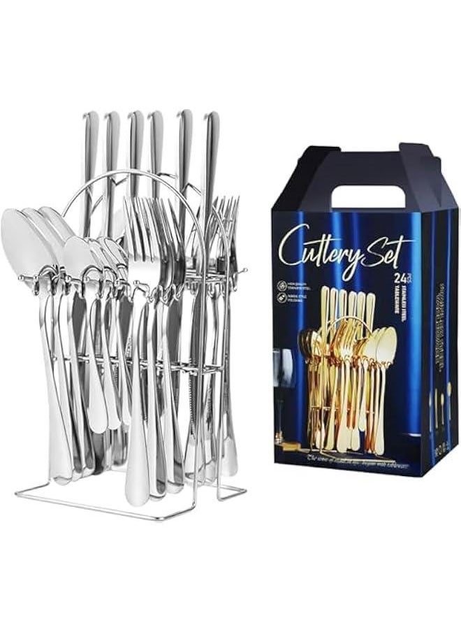 24 Piece - Silverware Stainless Steel Premium Cutlery Gift Box Set with Stand Service for 6, Luxury Design Flatware, Beautiful and Elegant Mirror Polished Dinnerware Utensils