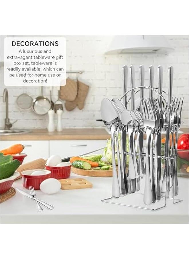 24 Piece - Silverware Stainless Steel Premium Cutlery Gift Box Set with Stand Service for 6, Luxury Design Flatware, Beautiful and Elegant Mirror Polished Dinnerware Utensils