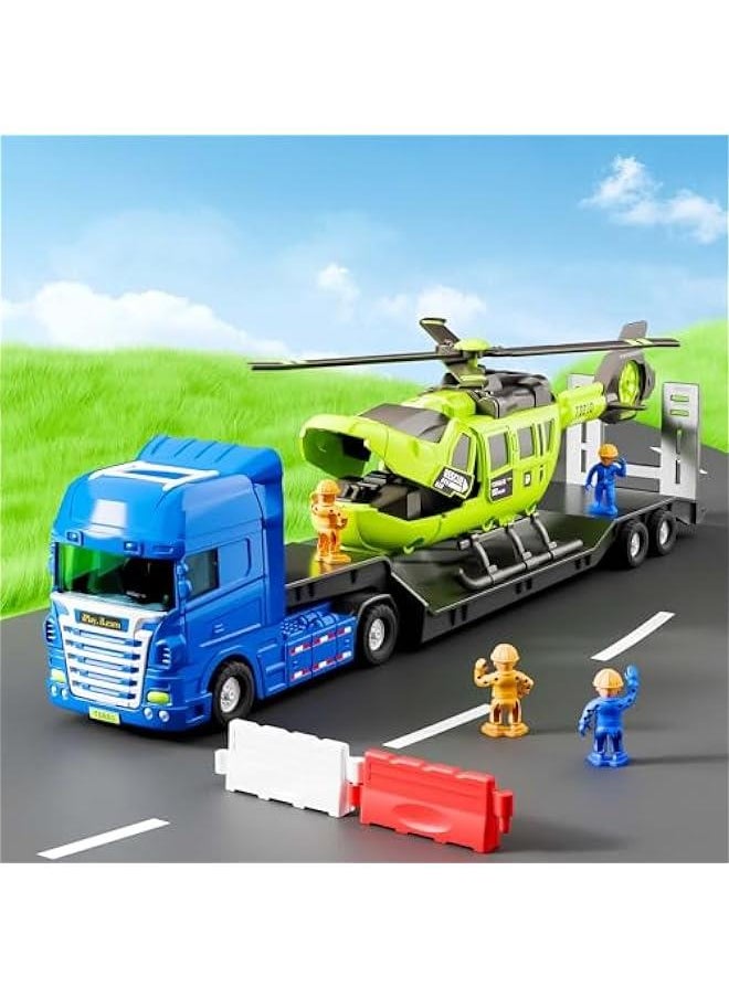 Kids Truck Trailer Toys, Toddler Vehicles Playset W/Helicopter, Wind up Windmill, STEM Construction Engineer Learning Educational Cool Toy, Birthday Gifts 3 4 5 6 7 Year Old Boys Girls