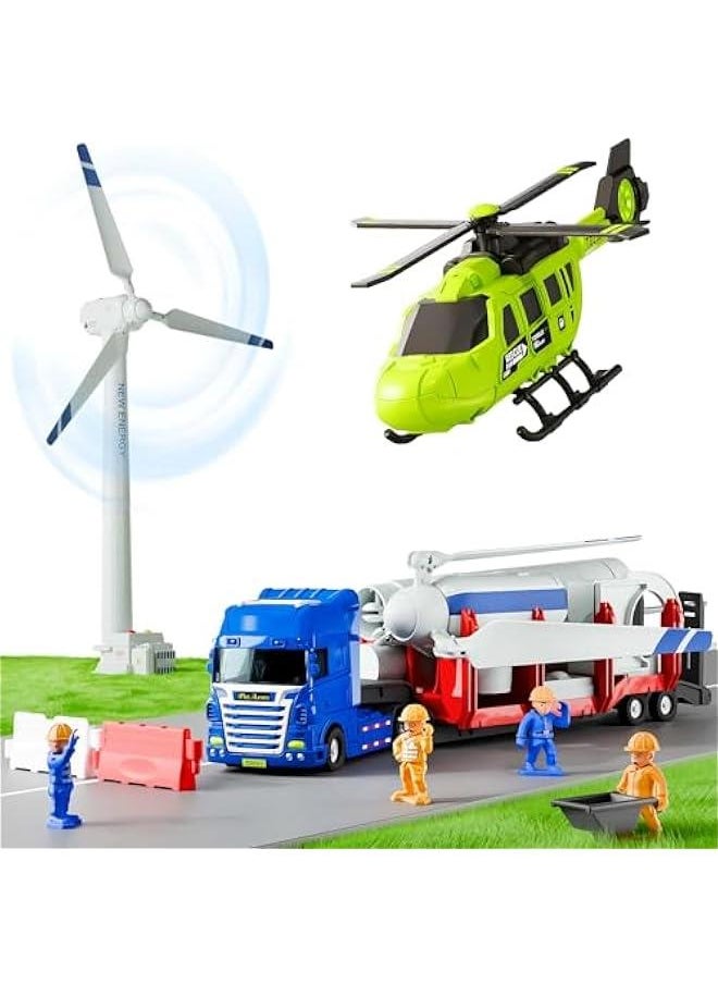 Kids Truck Trailer Toys, Toddler Vehicles Playset W/Helicopter, Wind up Windmill, STEM Construction Engineer Learning Educational Cool Toy, Birthday Gifts 3 4 5 6 7 Year Old Boys Girls