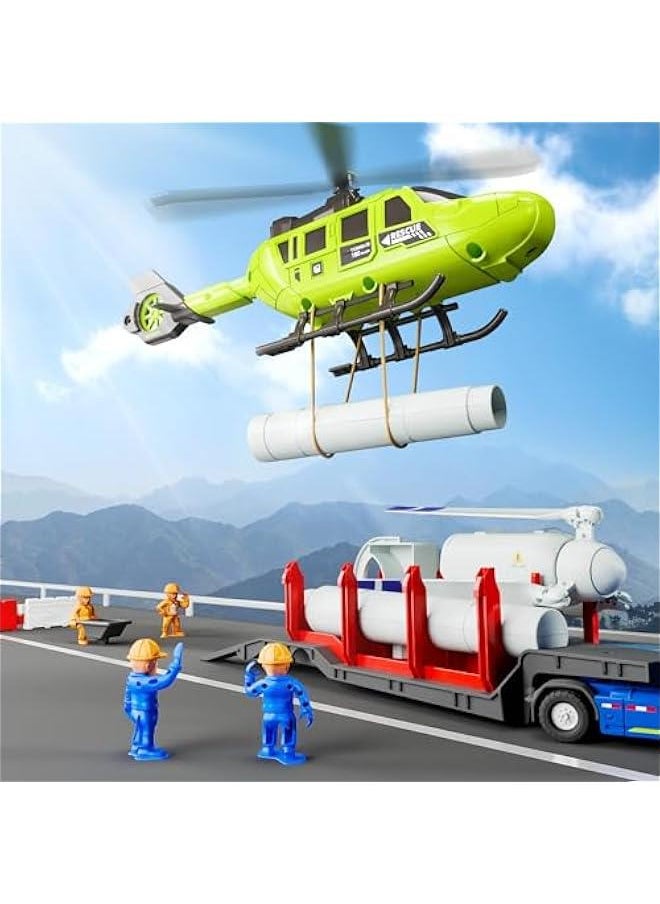 Kids Truck Trailer Toys, Toddler Vehicles Playset W/Helicopter, Wind up Windmill, STEM Construction Engineer Learning Educational Cool Toy, Birthday Gifts 3 4 5 6 7 Year Old Boys Girls