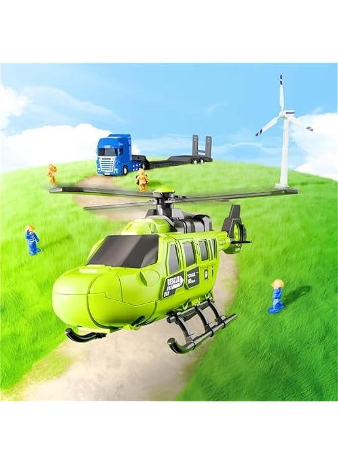 Kids Truck Trailer Toys, Toddler Vehicles Playset W/Helicopter, Wind up Windmill, STEM Construction Engineer Learning Educational Cool Toy, Birthday Gifts 3 4 5 6 7 Year Old Boys Girls