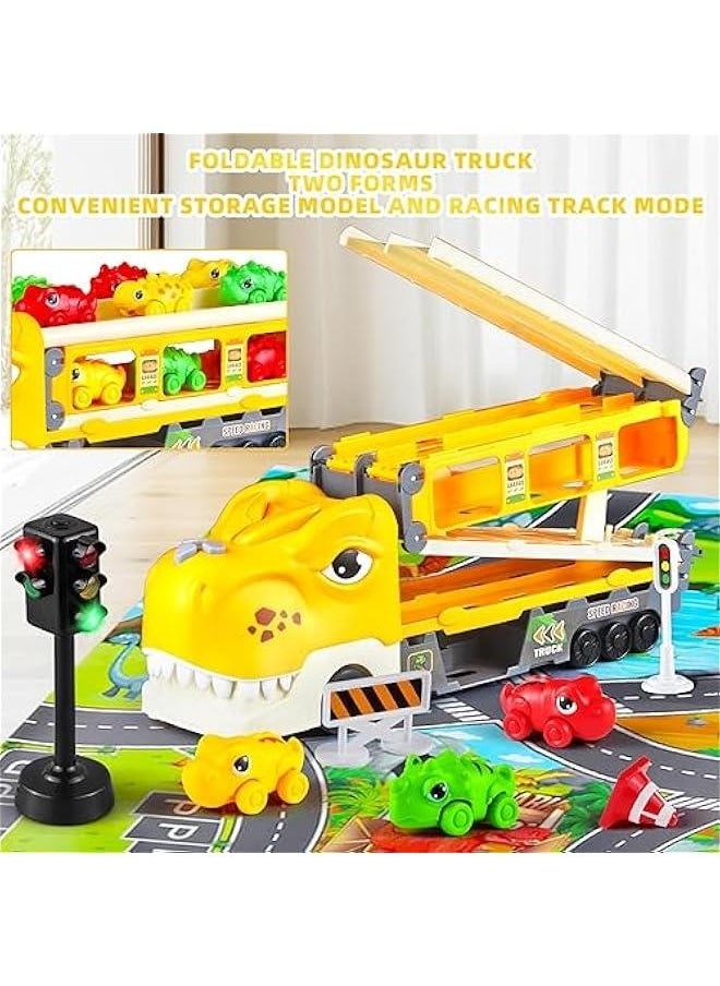 Dinosaur Trucks for Kids 3-5,Foldable Dinosaur Transport Truck with Ejection Racing Track,Tyrannosaurus Dinosaur Truck Toy with Light and Music,Toddler Truck Toys Suitable for Boys Girls