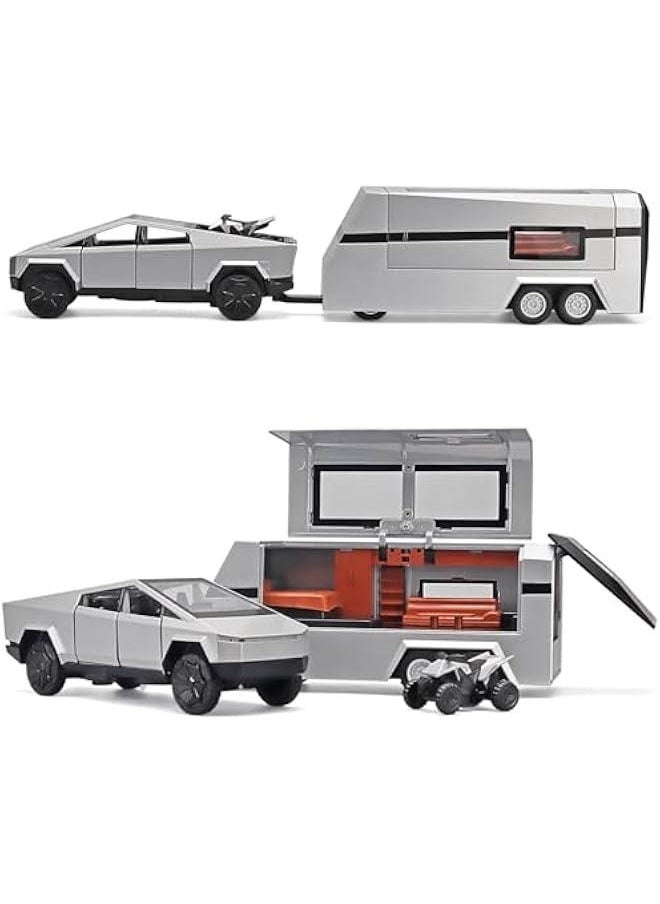 Toy Trucks for Boys Mars Pickup Trailer Toy RV,Diecast Metal Pickup Trailer RV Model Kit,Toy Truck and Trailer with Sound and Light Pull Back,Truck and Trailer Toys for Boys Ages 4-7（Silver）