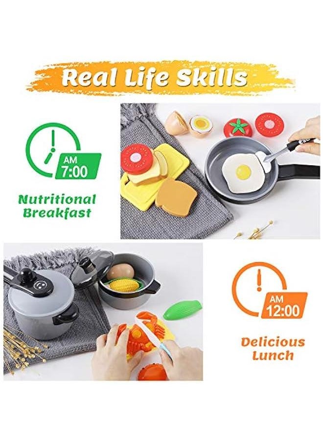 Kids Kitchen Toy Accessories, Toddler Cooking Playset, Pretend Pots Pans Set, Girls Cookware Appliance, Child Cutting Food Utensils, Valentine's Easter Gift for 3 4 5 Years Old Boys-Gray