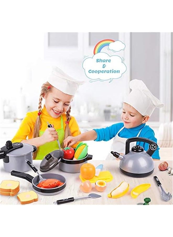 Kids Kitchen Toy Accessories, Toddler Cooking Playset, Pretend Pots Pans Set, Girls Cookware Appliance, Child Cutting Food Utensils, Valentine's Easter Gift for 3 4 5 Years Old Boys-Gray
