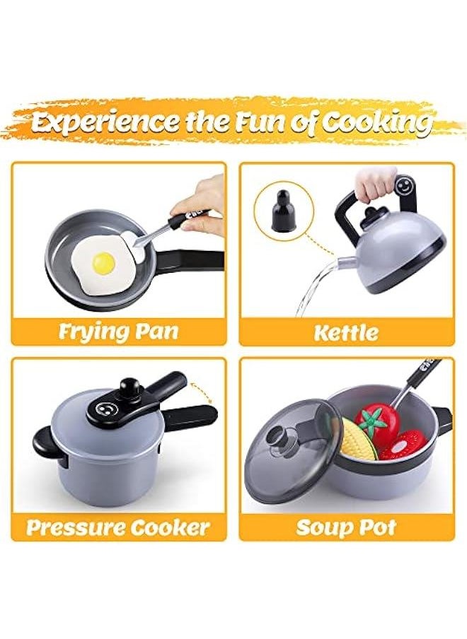 Kids Kitchen Toy Accessories, Toddler Cooking Playset, Pretend Pots Pans Set, Girls Cookware Appliance, Child Cutting Food Utensils, Valentine's Easter Gift for 3 4 5 Years Old Boys-Gray