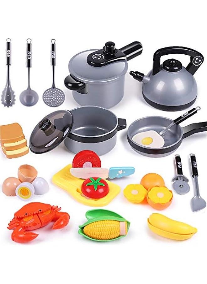Kids Kitchen Toy Accessories, Toddler Cooking Playset, Pretend Pots Pans Set, Girls Cookware Appliance, Child Cutting Food Utensils, Valentine's Easter Gift for 3 4 5 Years Old Boys-Gray