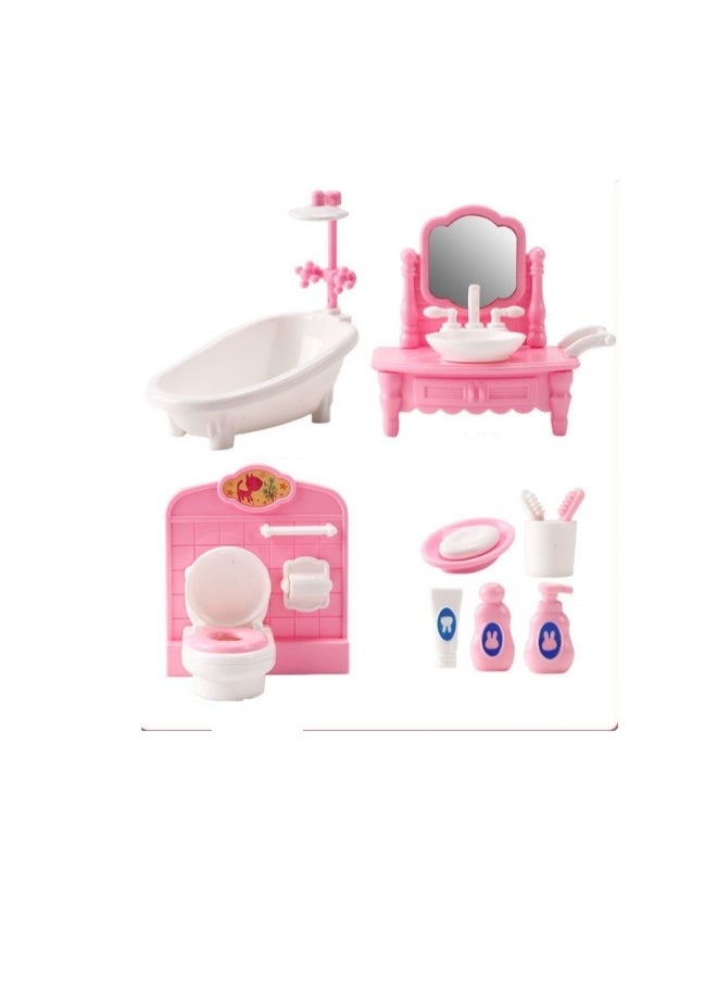11 Pcs Miniature Dollhouse Furniture Ornament Mini Pink Doll-House Bathroom Furniture Model Set Decoration Dollhouse Mini  Accessories Pretend Play Kids Toy