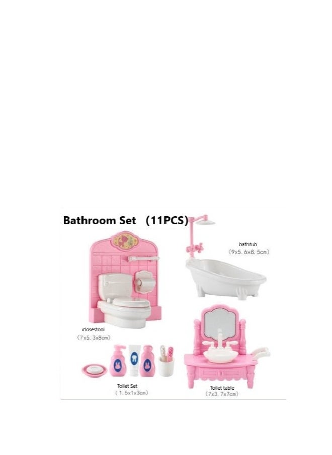 11 Pcs Miniature Dollhouse Furniture Ornament Mini Pink Doll-House Bathroom Furniture Model Set Decoration Dollhouse Mini  Accessories Pretend Play Kids Toy
