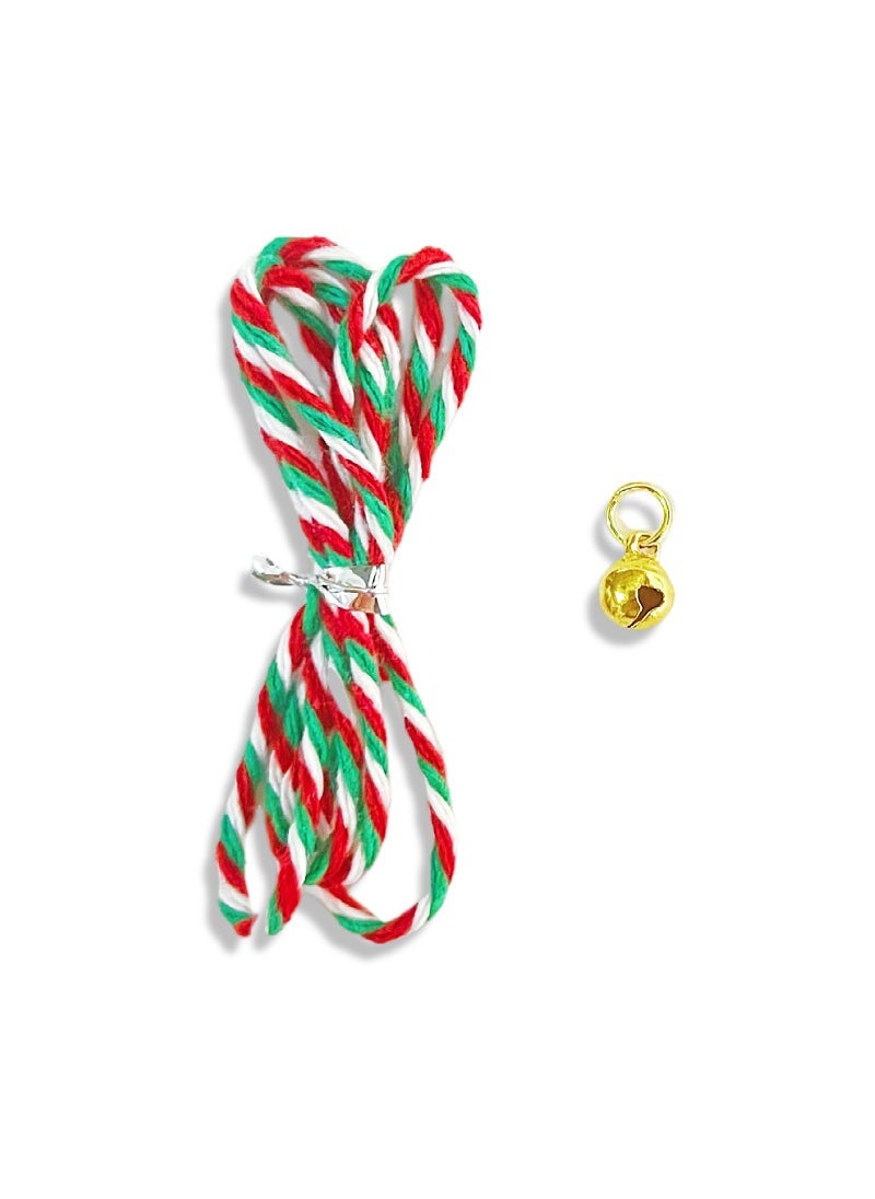 Plush Dog Toy Twisted Stick Bell Rope Red, green and white rope 50cm + gold hanging ring bell