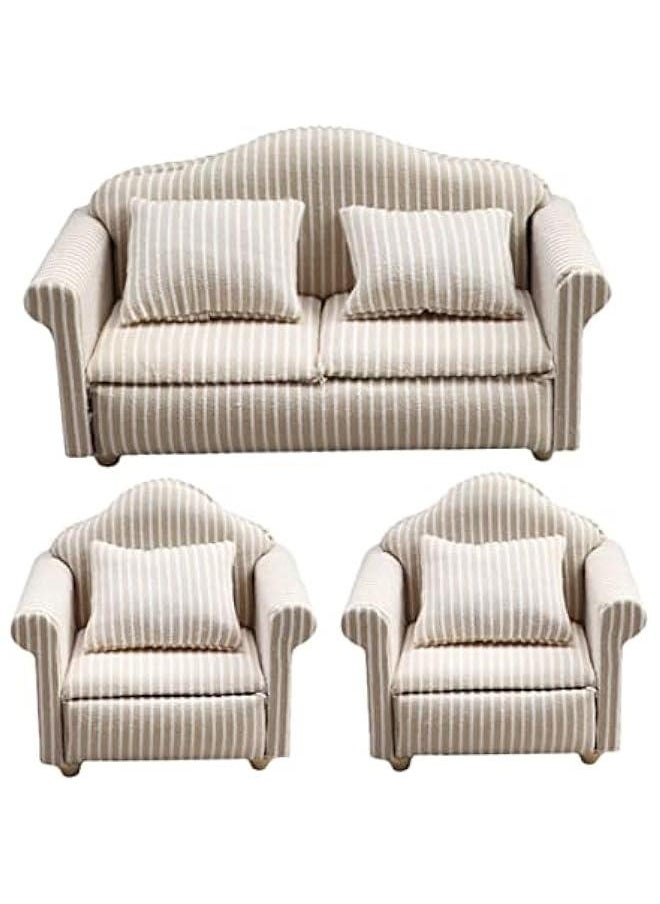 3pcs Dollhouse Sofa Miniature House Miniature Dolls White Throw Pillow Small Furniture Miniature Living Room Furniture Dolls House Furniture Couch Miniature Sofa Decoration Stripe