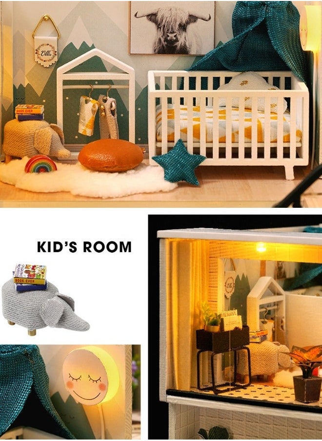 DIY Miniature Dollhouse Kit 1:24 Scale Mini Handmade Wooden Doll House with Music Furniture Great Craft Gift for Birthday Mother's Day Kids Teens Assemble the Villa Model