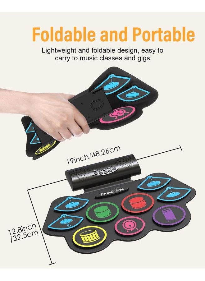 9 Pads Electronic Drum Set 19×13 Inch Roll-Up Drum Portable Drum Pad Kit With MIDI Education Function Built-in Speaker, Supports headphone Or Bluetooth Great Holiday Birthday Gift for Kids Colorful
