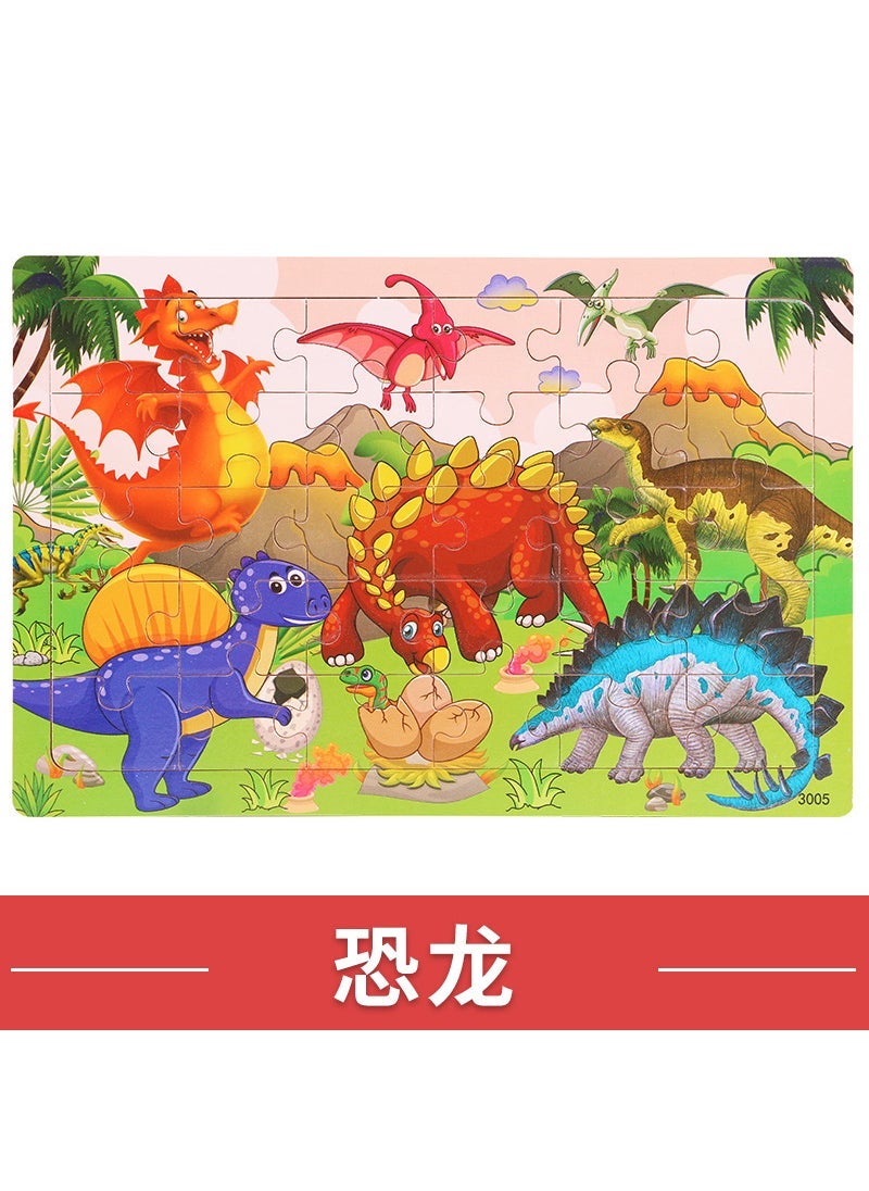 30 pieces wooden puzzle animal dinosaur cartoon childrens puzzle kindergarten gift baby Early Education Intelligence toys [Pattern 8] cartoon dinosaur