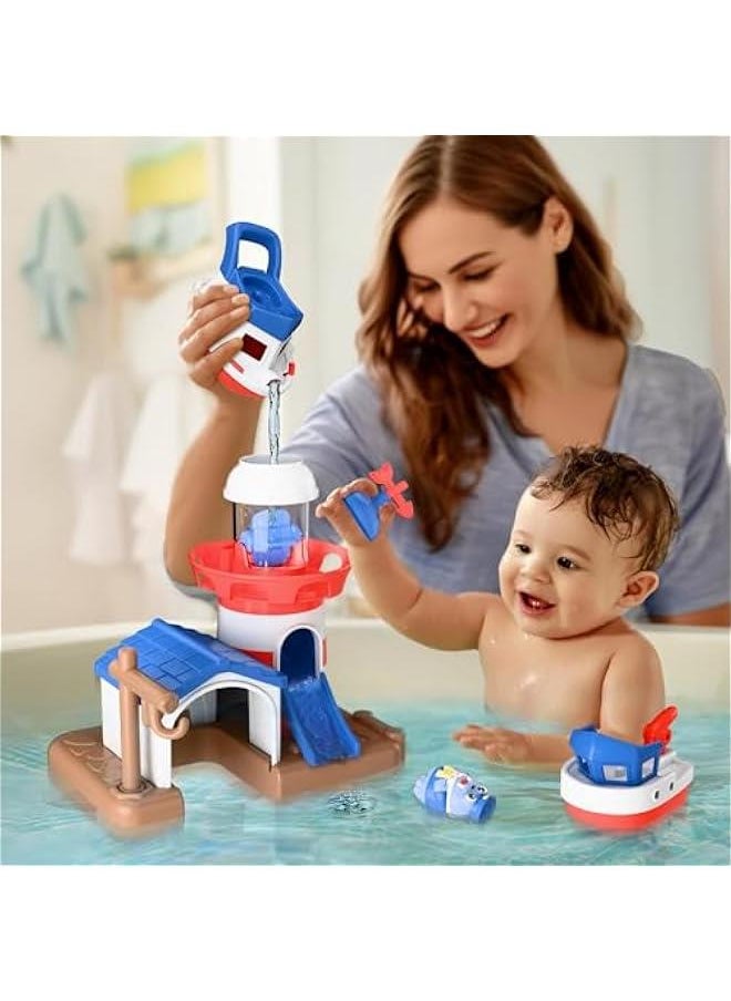 Toddler Lighthouse Bath Toys, Baby Bathtub Shower Toy Set W/ Wind up Swimming Boats, Pool Floating Fish, Kids Bathtime Water Play, Birthday Gifts for 18 Month, 2 3 4 Year Old Boys Girls