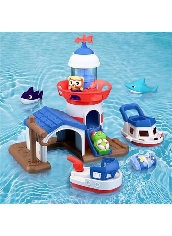 Toddler Lighthouse Bath Toys, Baby Bathtub Shower Toy Set W/ Wind up Swimming Boats, Pool Floating Fish, Kids Bathtime Water Play, Birthday Gifts for 18 Month, 2 3 4 Year Old Boys Girls