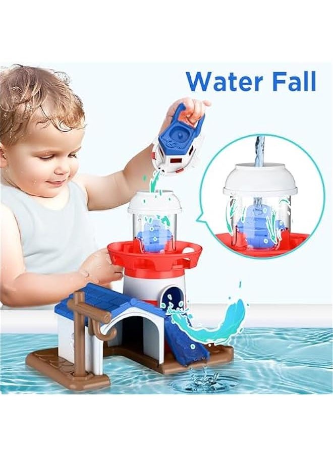 Toddler Lighthouse Bath Toys, Baby Bathtub Shower Toy Set W/ Wind up Swimming Boats, Pool Floating Fish, Kids Bathtime Water Play, Birthday Gifts for 18 Month, 2 3 4 Year Old Boys Girls