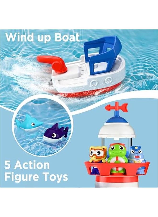 Toddler Lighthouse Bath Toys, Baby Bathtub Shower Toy Set W/ Wind up Swimming Boats, Pool Floating Fish, Kids Bathtime Water Play, Birthday Gifts for 18 Month, 2 3 4 Year Old Boys Girls