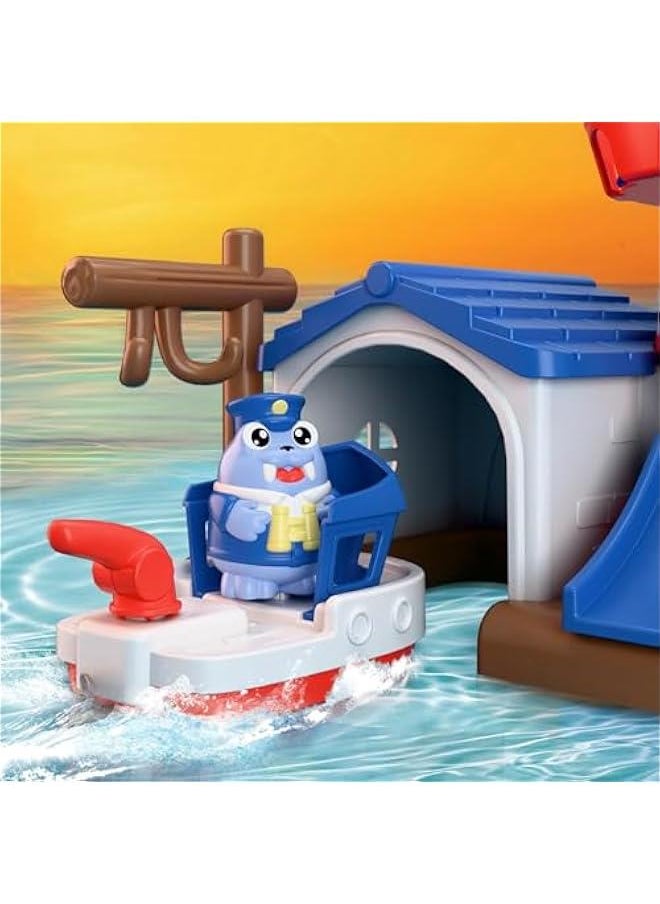 Toddler Lighthouse Bath Toys, Baby Bathtub Shower Toy Set W/ Wind up Swimming Boats, Pool Floating Fish, Kids Bathtime Water Play, Birthday Gifts for 18 Month, 2 3 4 Year Old Boys Girls