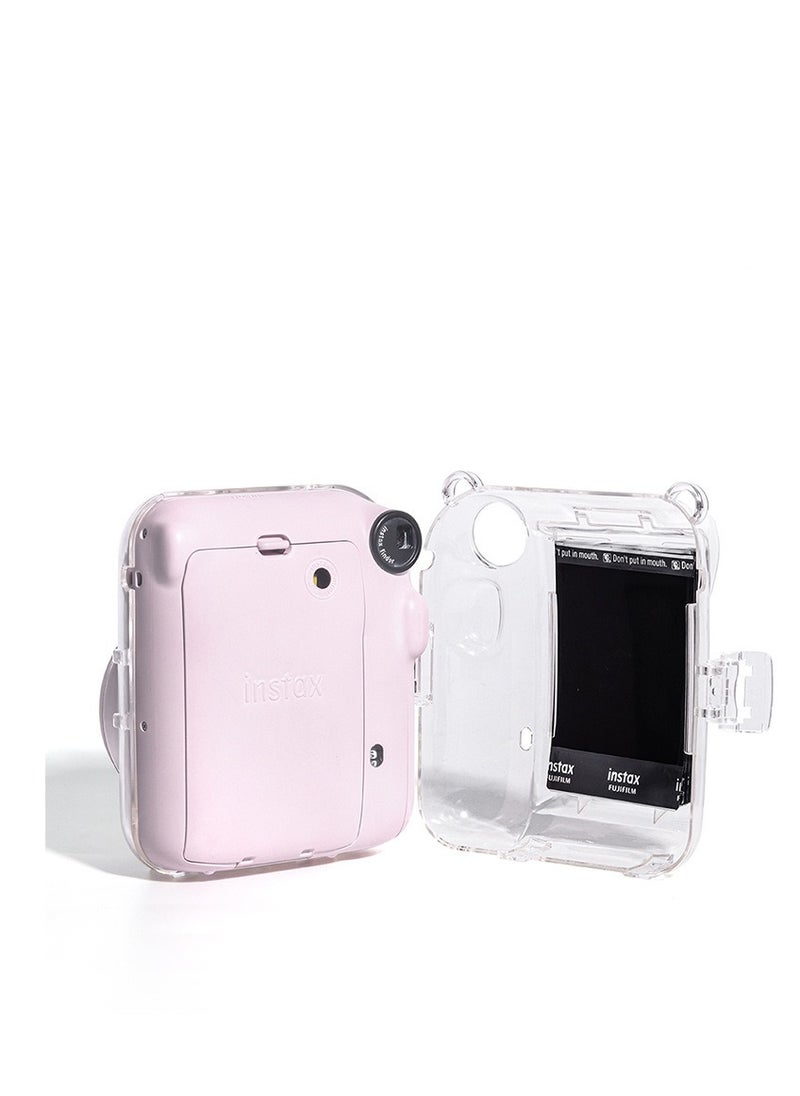 3 Pack Clear Camera Case Compatible with Fujifilm Instax Mini 12 Instant Camera - Mini 12 Hard Case with Photo Pocket Holds on Back and Adjustable Shoulder Strap & Cute Camera Sticker (Pink)