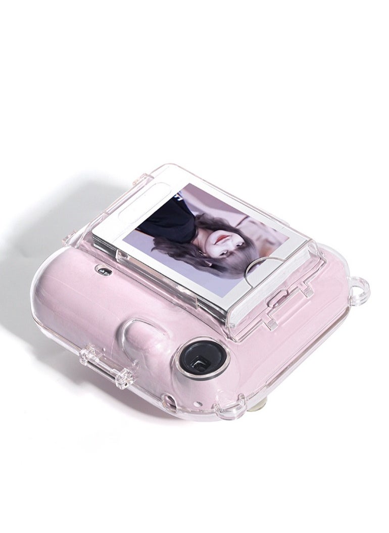 3 Pack Clear Camera Case Compatible with Fujifilm Instax Mini 12 Instant Camera - Mini 12 Hard Case with Photo Pocket Holds on Back and Adjustable Shoulder Strap & Cute Camera Sticker (Pink)