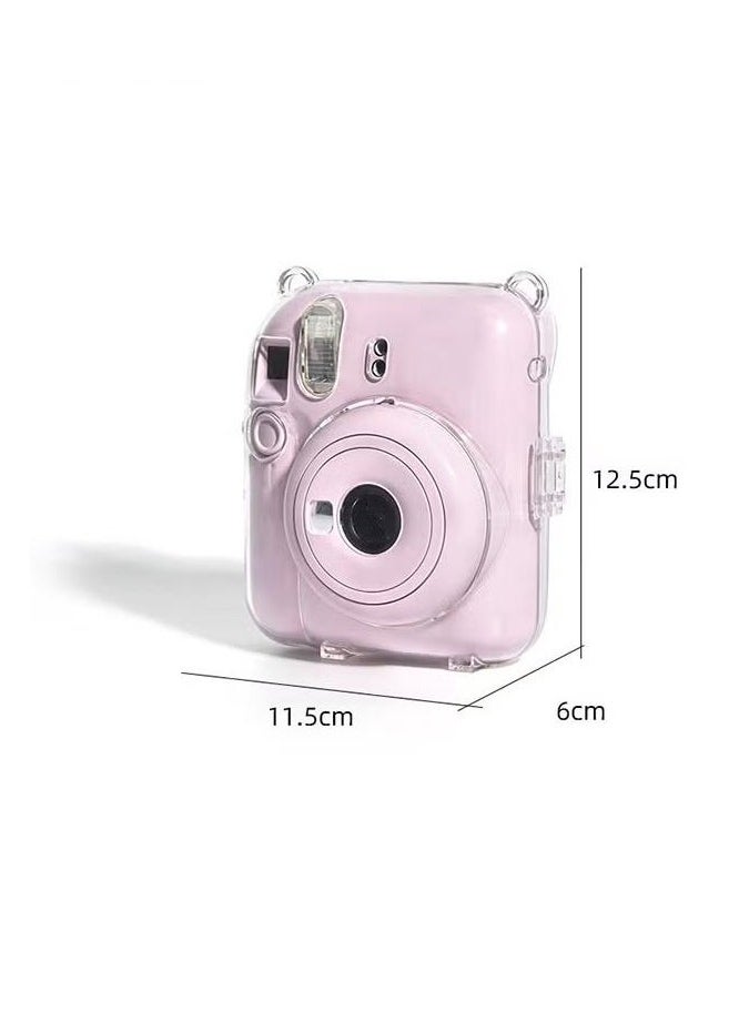 3 Pack Clear Camera Case Compatible with Fujifilm Instax Mini 12 Instant Camera - Mini 12 Hard Case with Photo Pocket Holds on Back and Adjustable Shoulder Strap & Cute Camera Sticker (Pink)