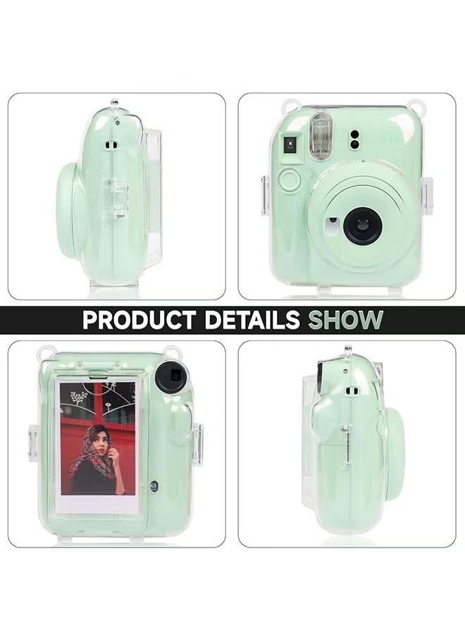 3 Pack Clear Camera Case Compatible with Fujifilm Instax Mini 12 Instant Camera, Mini 12 Hard Case with Photo Pocket Holds on Back and Adjustable Shoulder Strap & Cute Camera Sticker (Green)