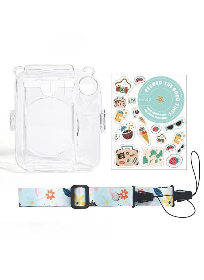 3 Pack Clear Camera Case Compatible with Fujifilm Instax Mini 12 Instant Camera, Mini 12 Hard Case with Photo Pocket Holds on Back and Adjustable Shoulder Strap & Cute Camera Sticker (Green)