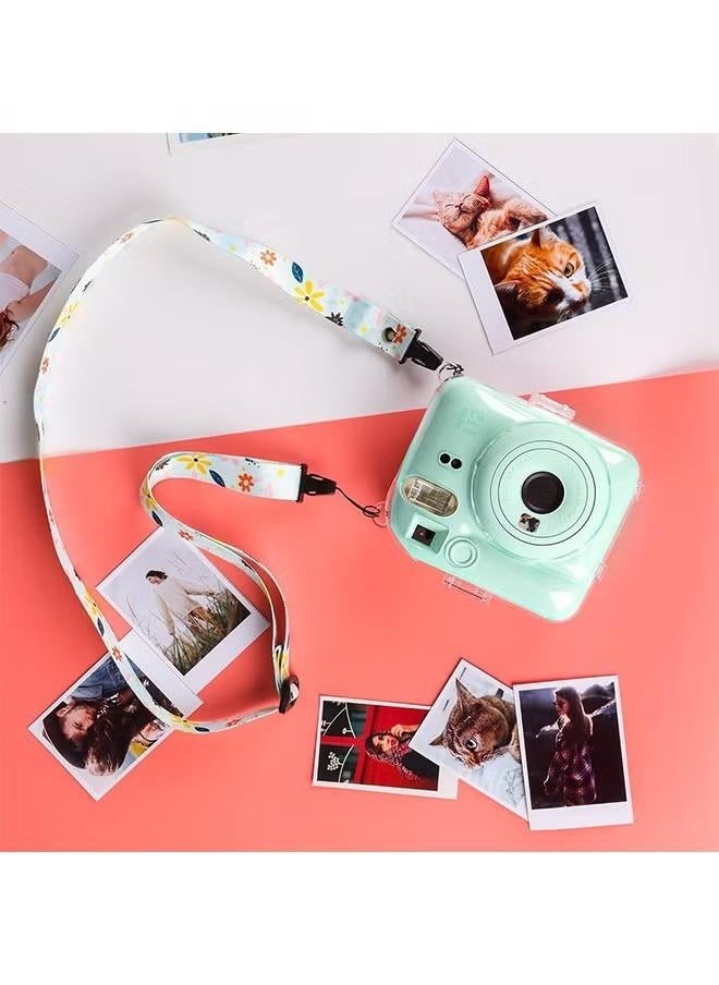 3 Pack Clear Camera Case Compatible with Fujifilm Instax Mini 12 Instant Camera, Mini 12 Hard Case with Photo Pocket Holds on Back and Adjustable Shoulder Strap & Cute Camera Sticker (Green)