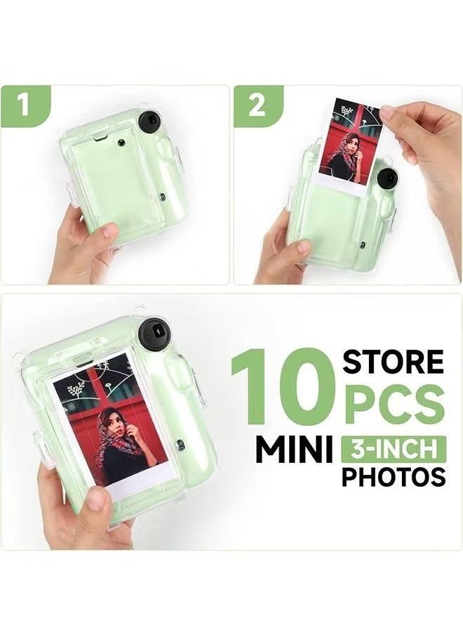 3 Pack Clear Camera Case Compatible with Fujifilm Instax Mini 12 Instant Camera, Mini 12 Hard Case with Photo Pocket Holds on Back and Adjustable Shoulder Strap & Cute Camera Sticker (Green)