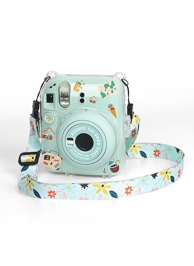 3 Pack Clear Camera Case Compatible with Fujifilm Instax Mini 12 Instant Camera, Mini 12 Hard Case with Photo Pocket Holds on Back and Adjustable Shoulder Strap & Cute Camera Sticker (Green)