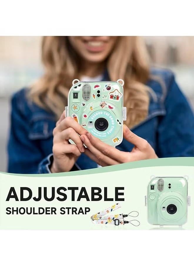 3 Pack Clear Camera Case Compatible with Fujifilm Instax Mini 12 Instant Camera, Mini 12 Hard Case with Photo Pocket Holds on Back and Adjustable Shoulder Strap & Cute Camera Sticker (Green)