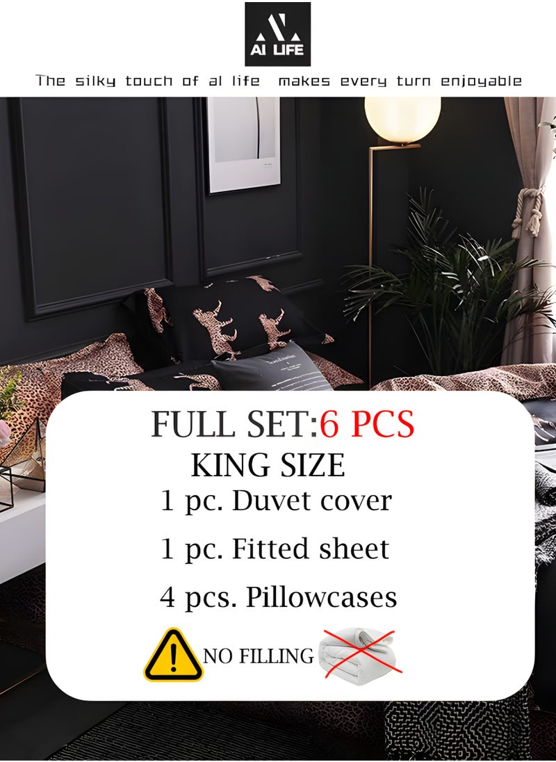 AI LIFE Premium King Size 6 Pieces  Bedding Set 100% Microfibre Without Filling Leopard pattern design-Multicolor