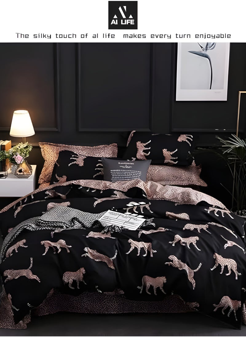 AI LIFE Premium King Size 6 Pieces  Bedding Set 100% Microfibre Without Filling Leopard pattern design-Multicolor