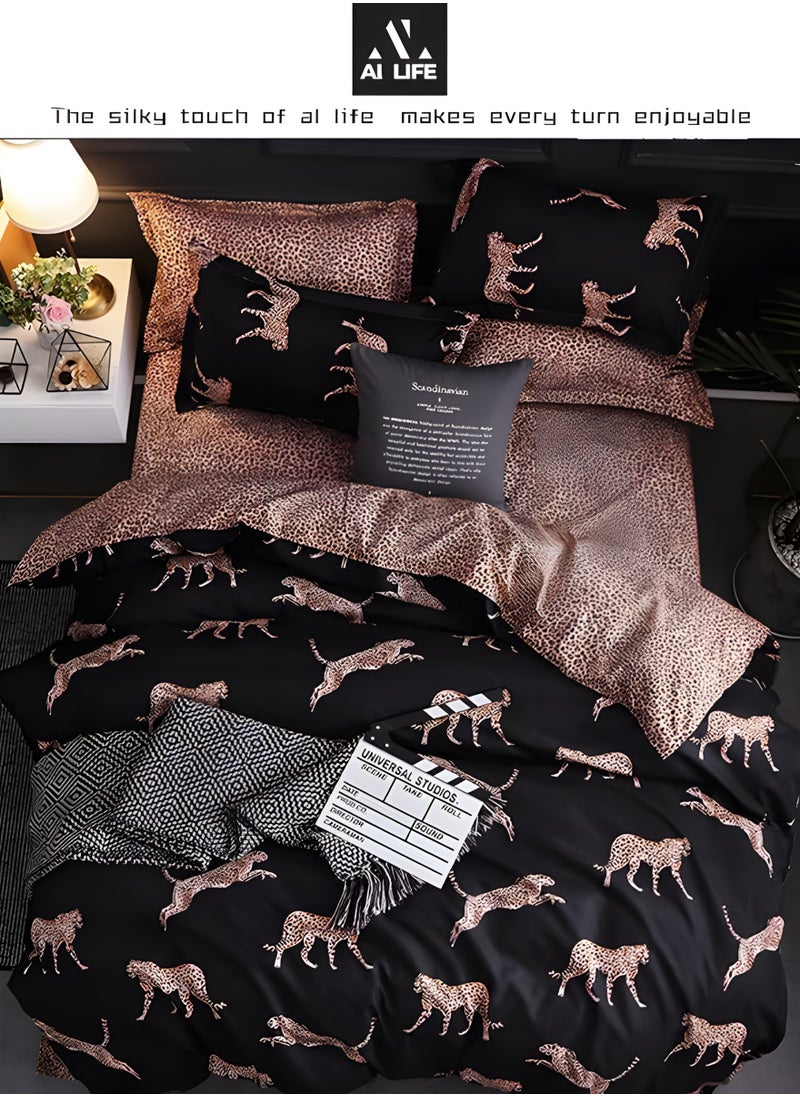 AI LIFE Premium King Size 6 Pieces  Bedding Set 100% Microfibre Without Filling Leopard pattern design-Multicolor
