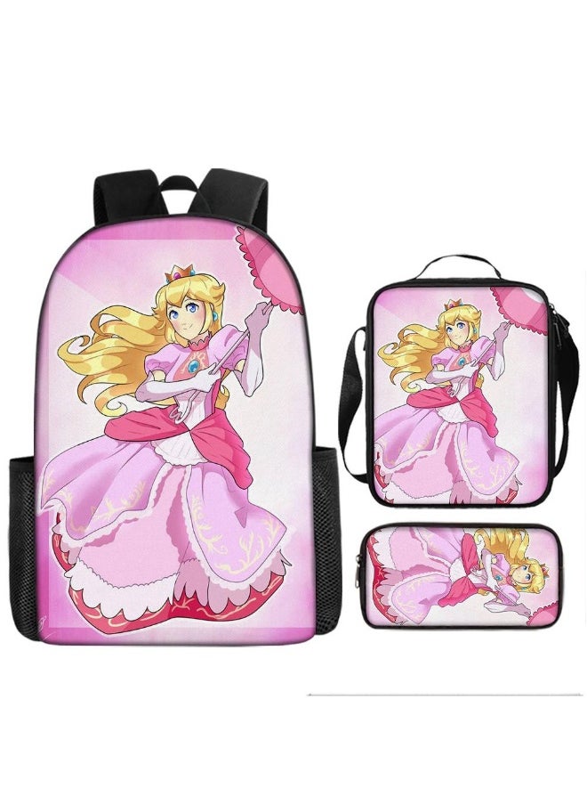 3 Pcs Princess Peach School Bag Satchel Pencil Case Animated Game Super Mario Gifts For Kids Birthday Gift Start Of School Gift