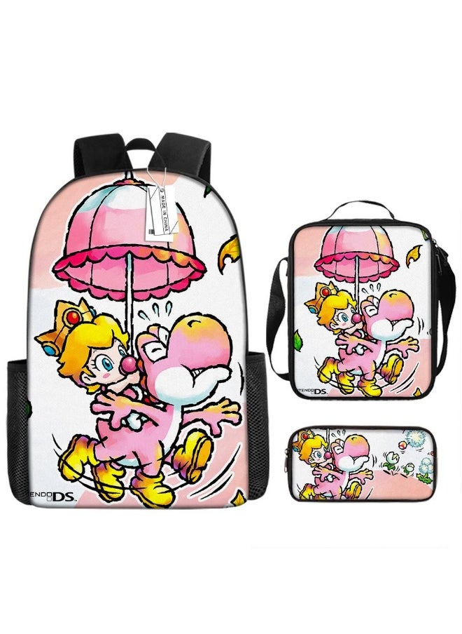 3 Pcs Princess Peach School Bag Satchel Pencil Case Animated Game Super Mario Gifts For Kids Birthday Gift Start Of School Gift