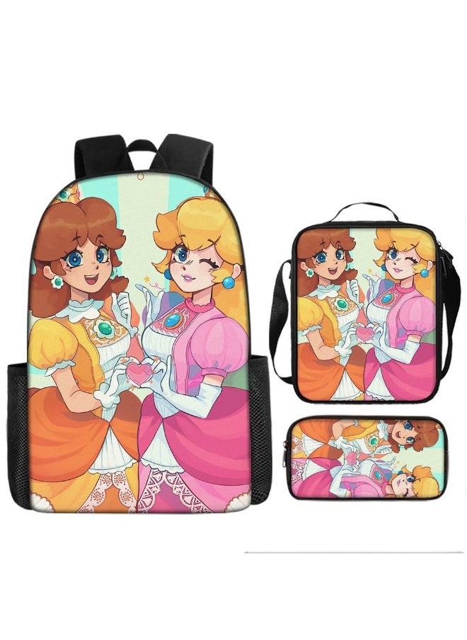 3 Pcs Princess Peach School Bag Satchel Pencil Case Animated Game Super Mario Gifts For Kids Birthday Gift Start Of School Gift